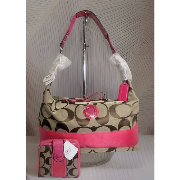 NWT Coach Signature Stripe Hobo 23769E & Wallet F48774 Set SV/Khaki Punch Pink - Picture 2 of 16